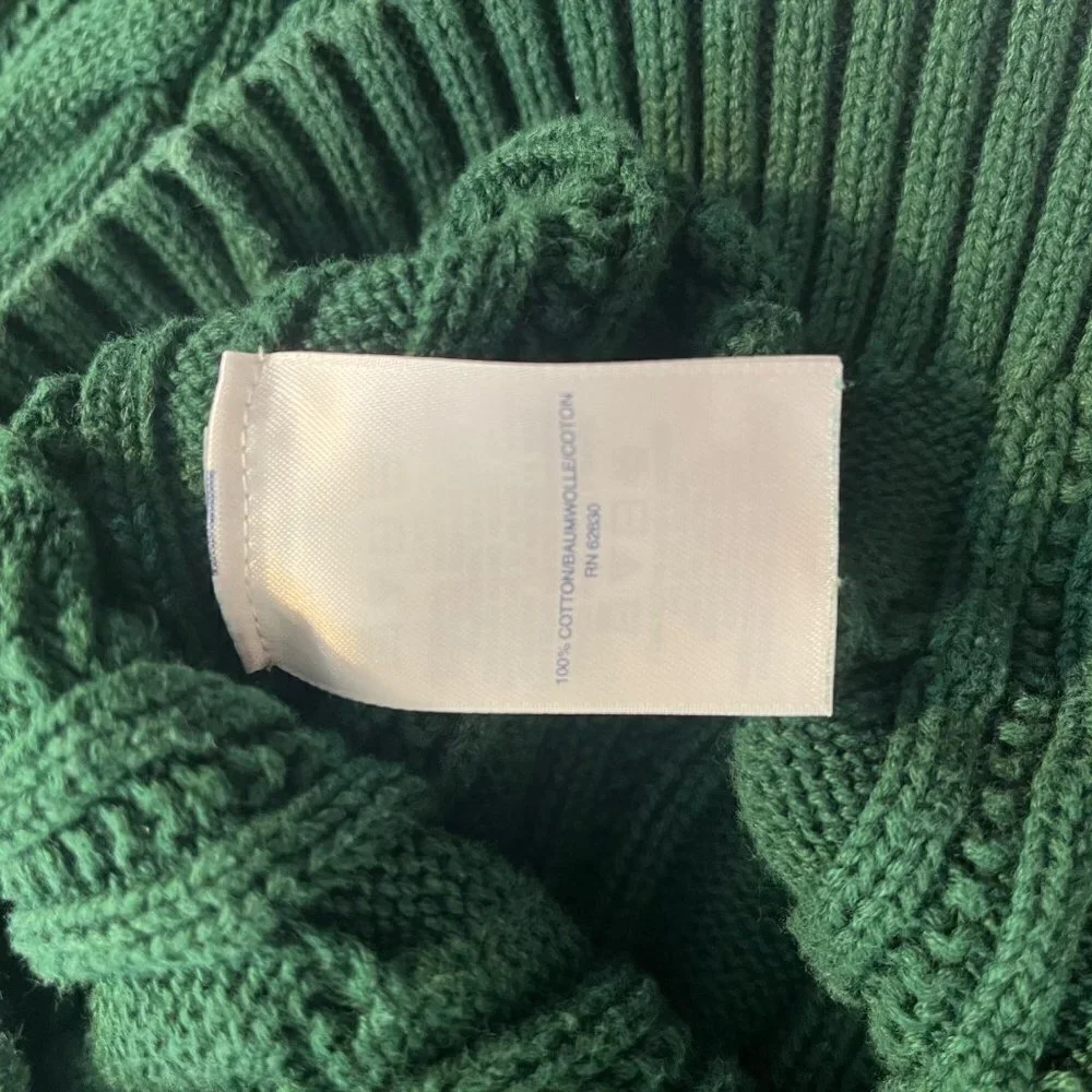 Lands End Cable Knit Cotton Fisherman Sweater Hunter Green Womens MP Snug Fit